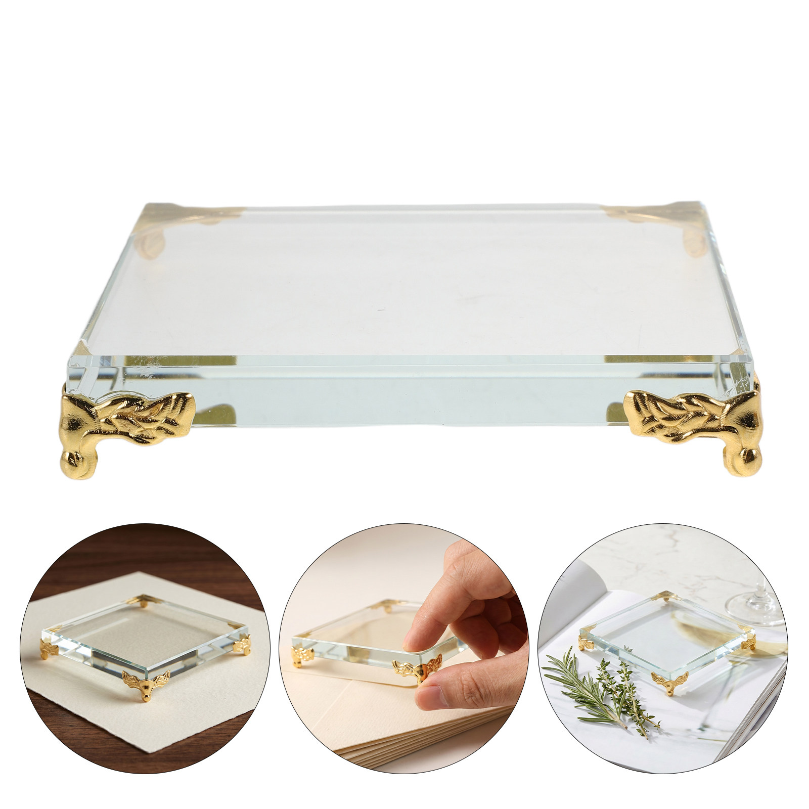 Paper Weight Crystal - ที่ทับกระดาษคริสตัลทรงสี่เหลี่ยม ขอบโลหะ ตกแต่งด้วยสีทอง ฐานตั้งโชว์สำหรับสำนักงาน ห้องนอน ห้องนั่งเล่น